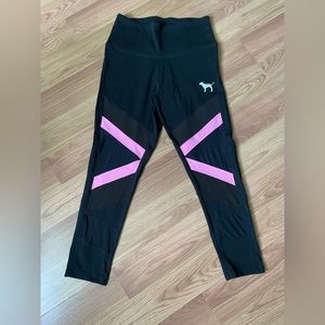VS Pink- Black Capri leggings w/ pink & mesh detail, size M